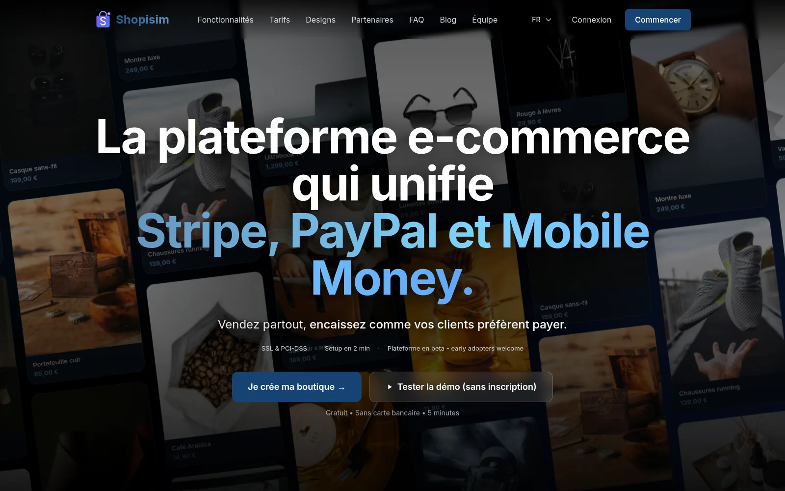 Page d'accueil de la plateforme Shopisim en français